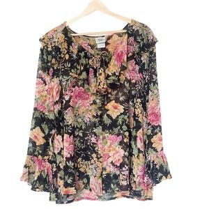 VTG Vintage Laura Ashley Semi Sheer Floral Bell Sleeve Silk Blouse Black — 14